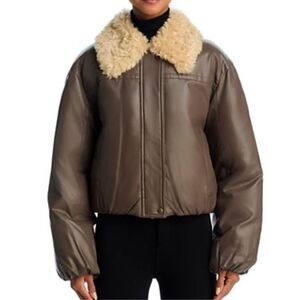 Stand Studio Fran faux leather puffer jacket fur collar mole brown size EU40 med